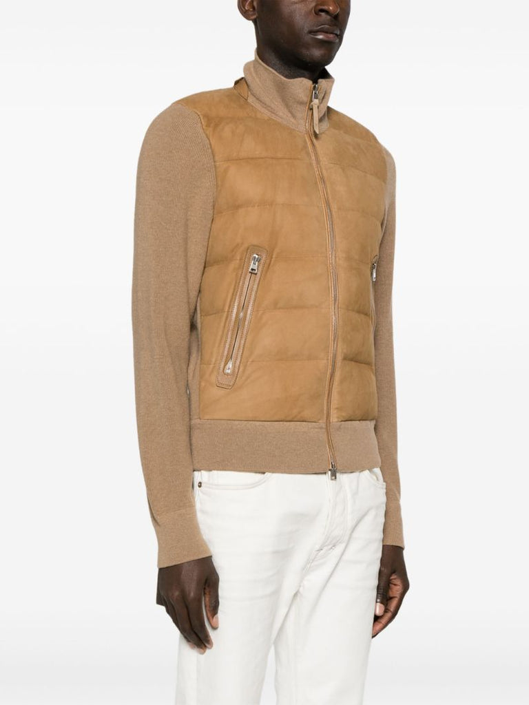 Brown Quilted Panelled Bomber Jacket