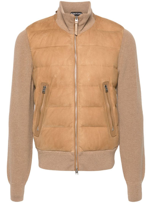 Brown Quilted Panelled Bomber Jacket