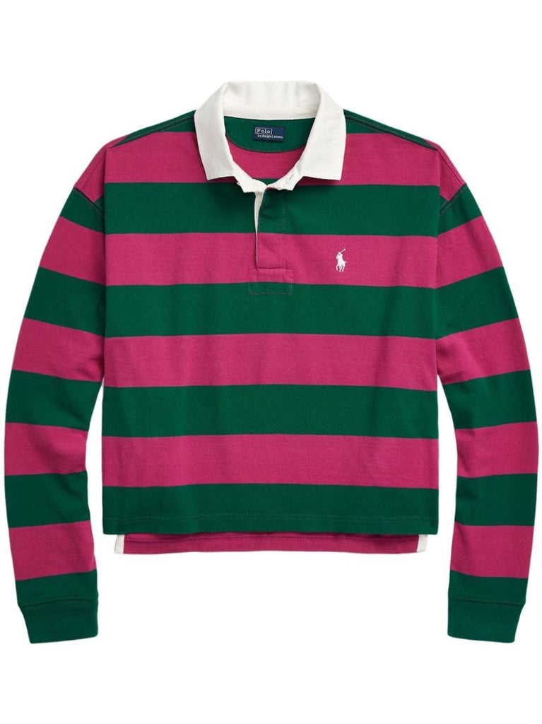 Pink and Green Striped Cotton Polo Top