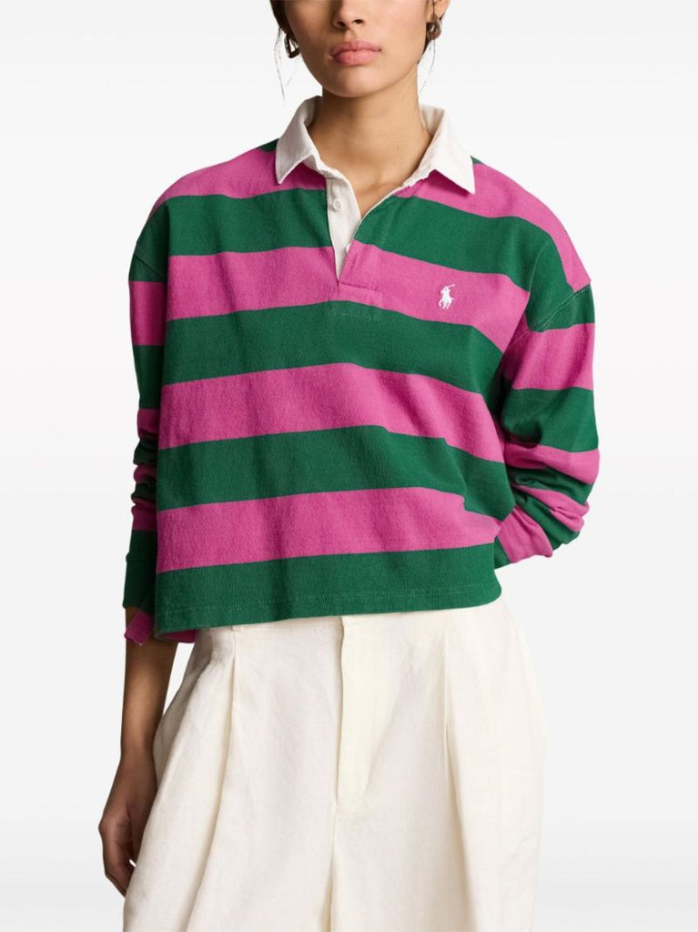 Pink and Green Striped Cotton Polo Top