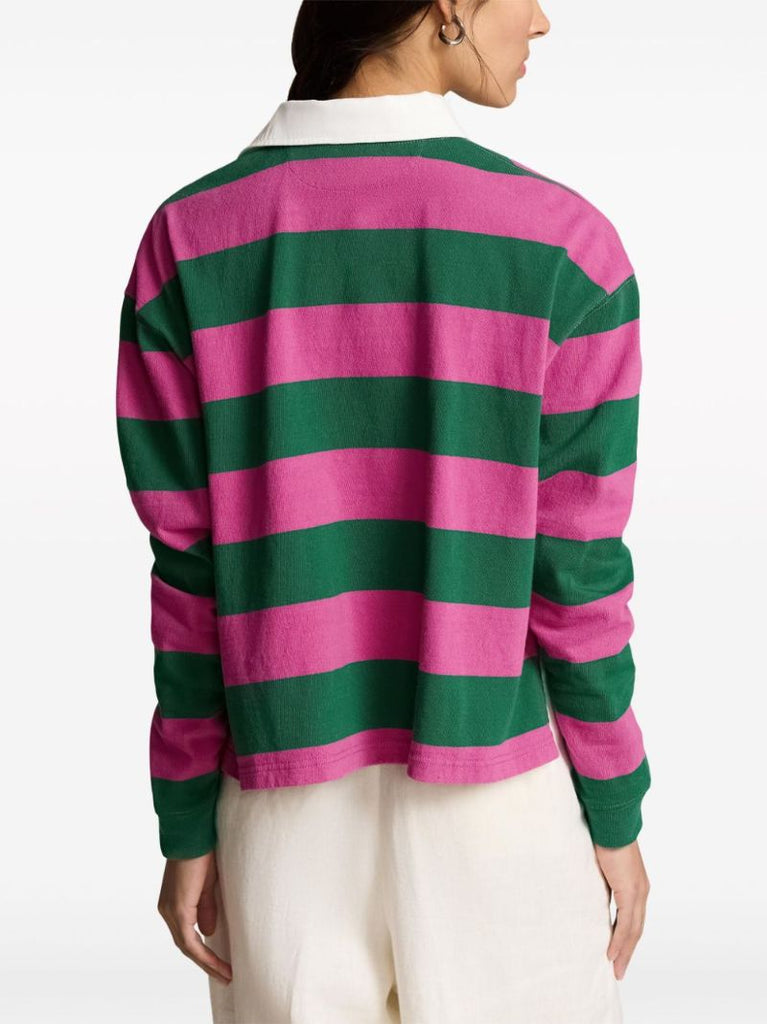 Pink and Green Striped Cotton Polo Top
