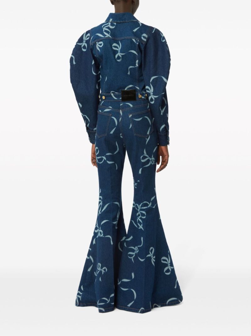Blue Bow-print Flared Jeans