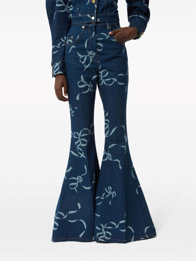 Blue Bow-print Flared Jeans