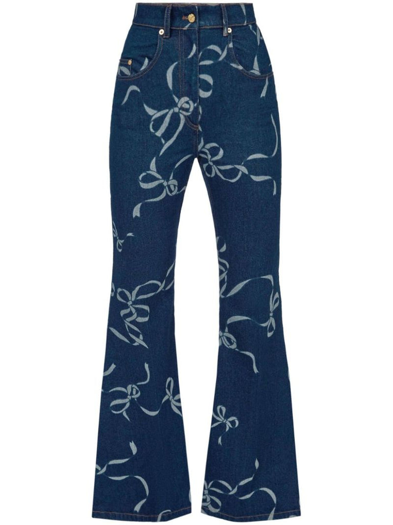 Blue Bow-print Flared Jeans