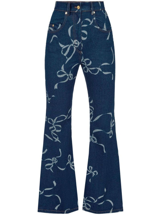 Blue Bow-print Flared Jeans
