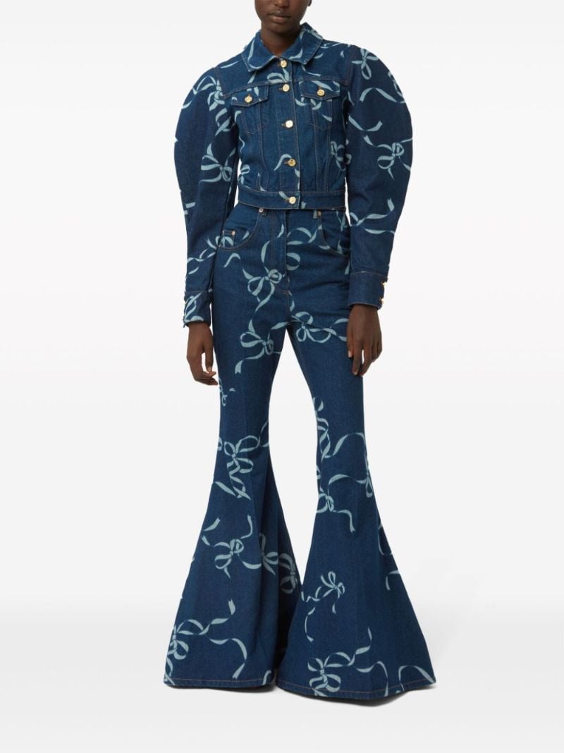 Blue Bow-print Flared Jeans