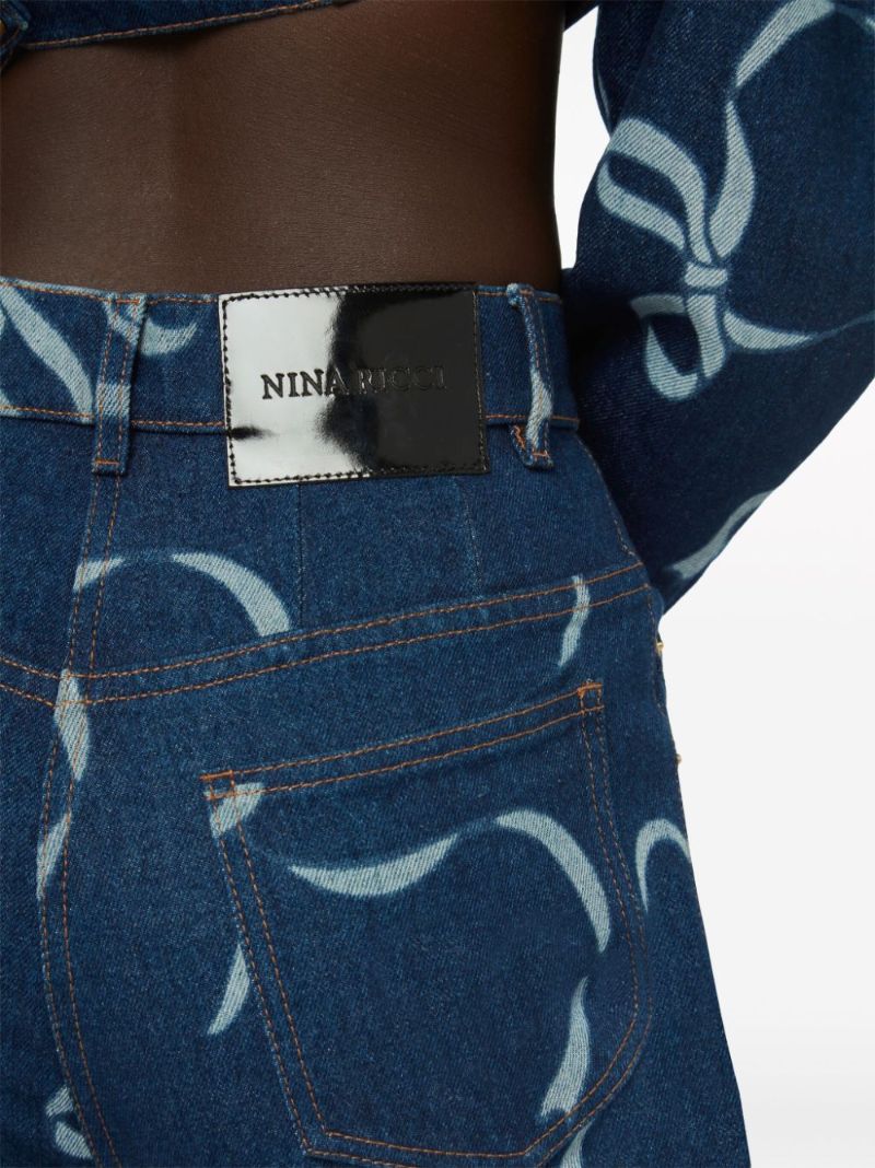 Blue Bow-print Flared Jeans