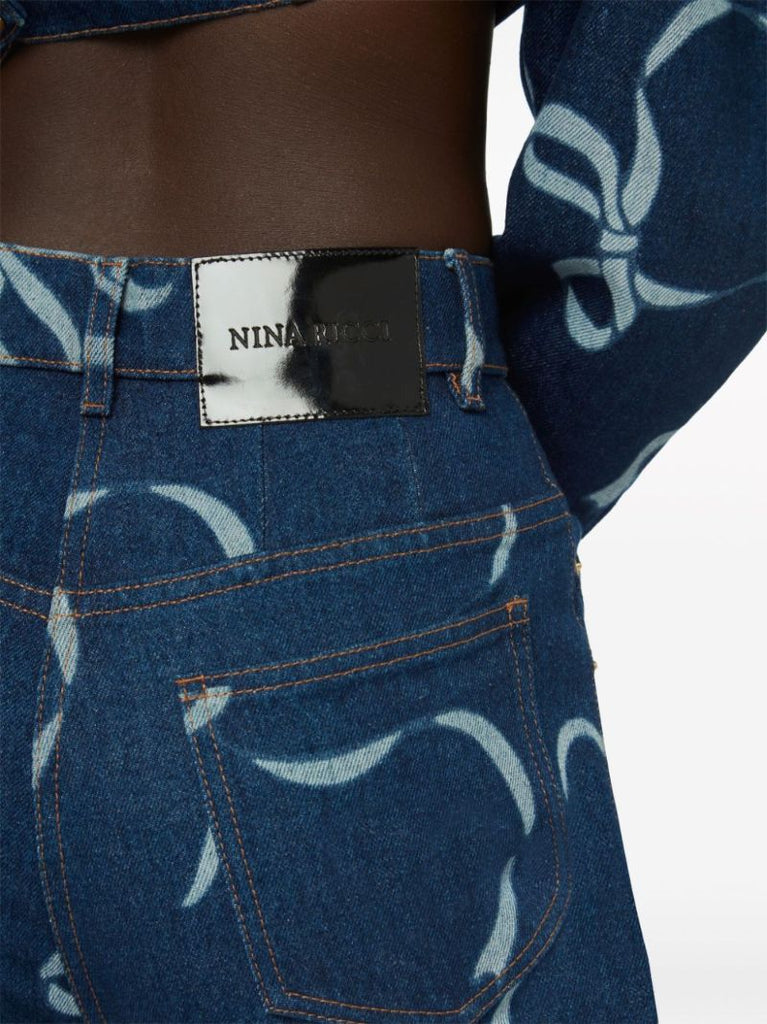 Blue Bow-print Flared Jeans