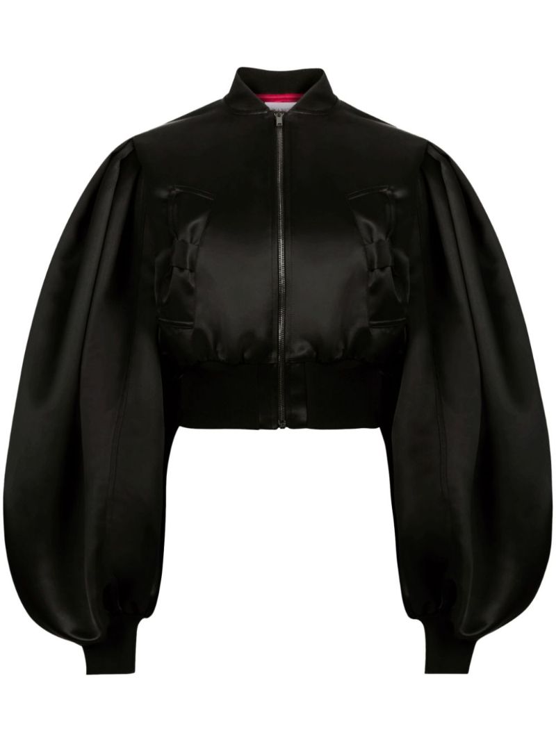 Black Cropped Satin Bomber Jacket
