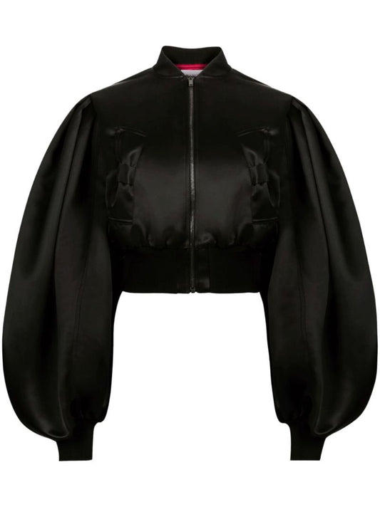 Black Cropped Satin Bomber Jacket