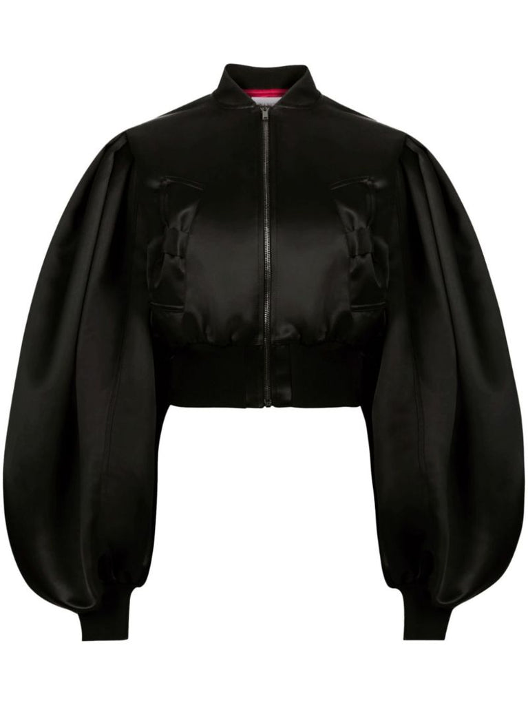 Black Cropped Satin Bomber Jacket