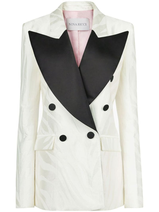 Neutral Zebra-jacquard Double-breasted Blazer