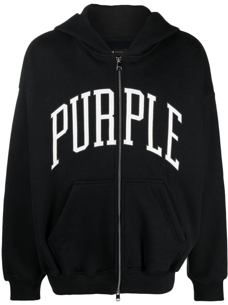 Black Logo Print Zip Front Hoodie