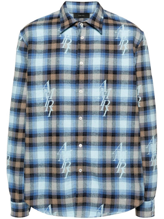 Blue Staggered Plaid Flannel Shirt