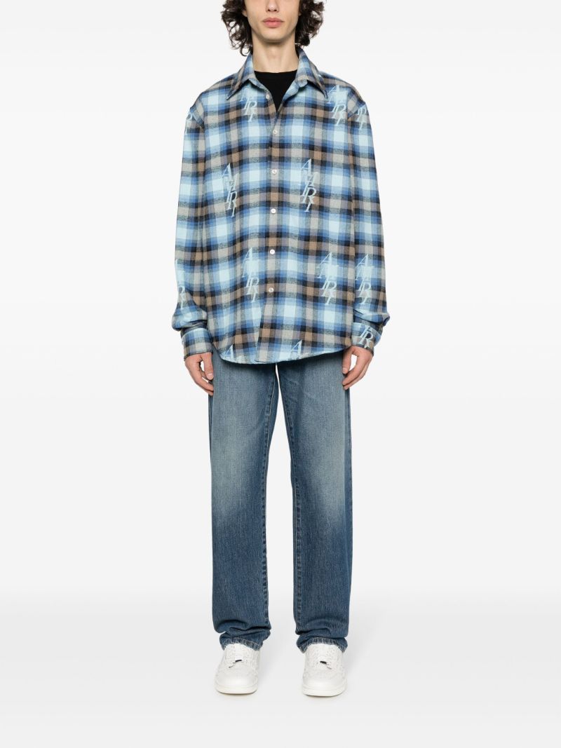 Blue Staggered Plaid Flannel Shirt