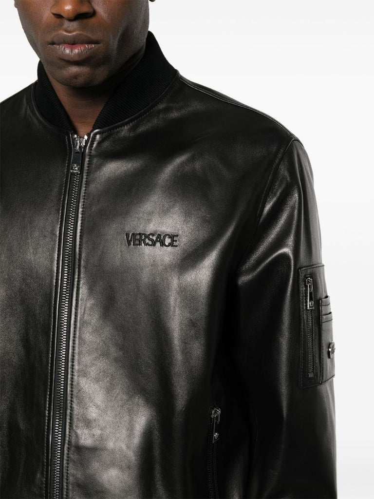 Black Logo-embroidered Leather Bomber Jacket