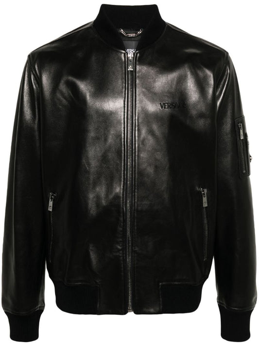 Black Logo-embroidered Leather Bomber Jacket