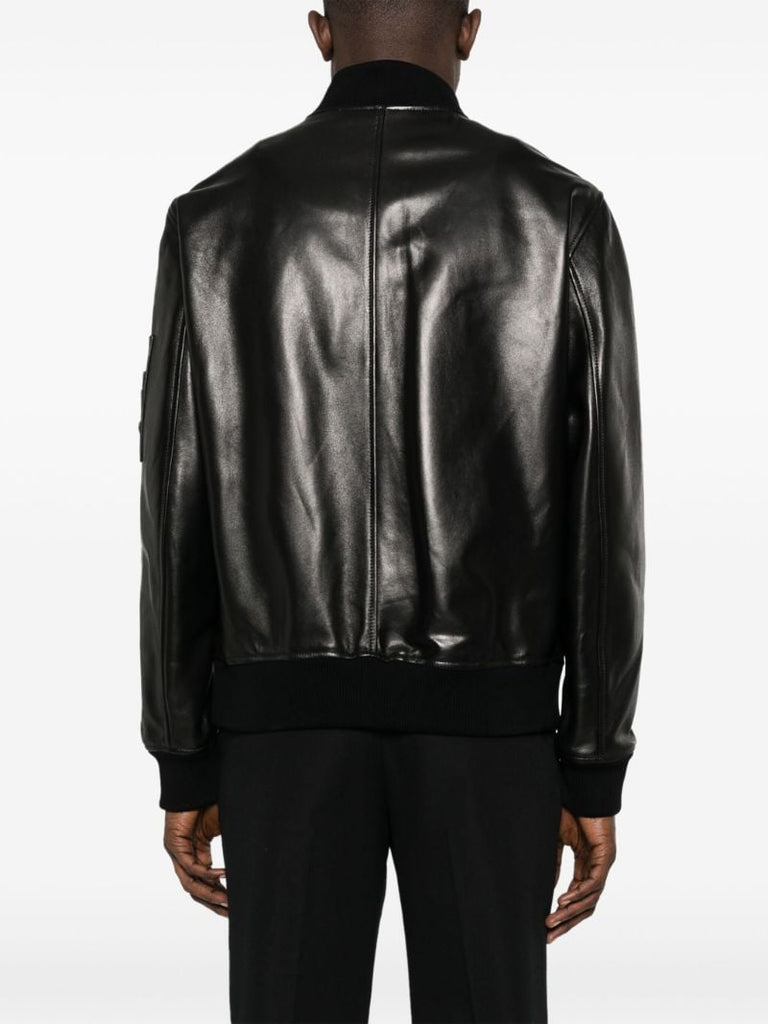 Black Logo-embroidered Leather Bomber Jacket