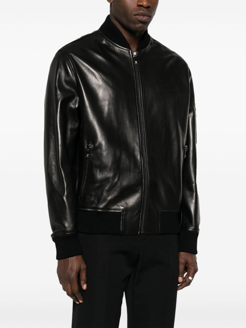 Black Logo-embroidered Leather Bomber Jacket