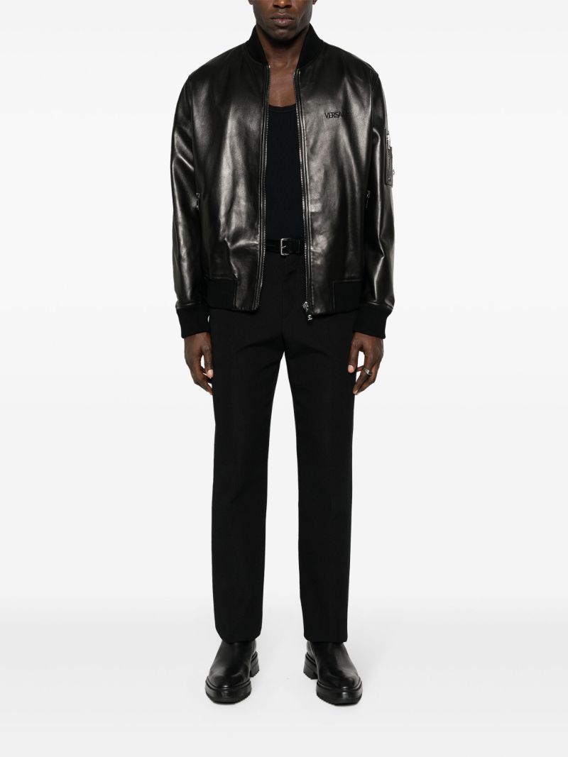 Black Logo-embroidered Leather Bomber Jacket