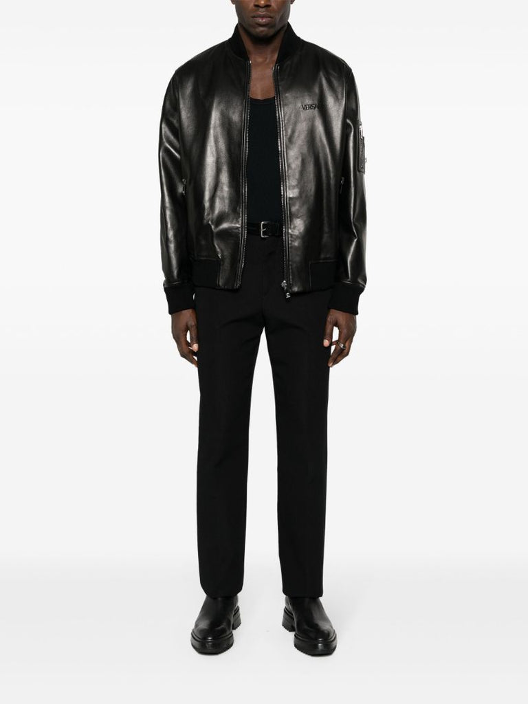 Black Logo-embroidered Leather Bomber Jacket