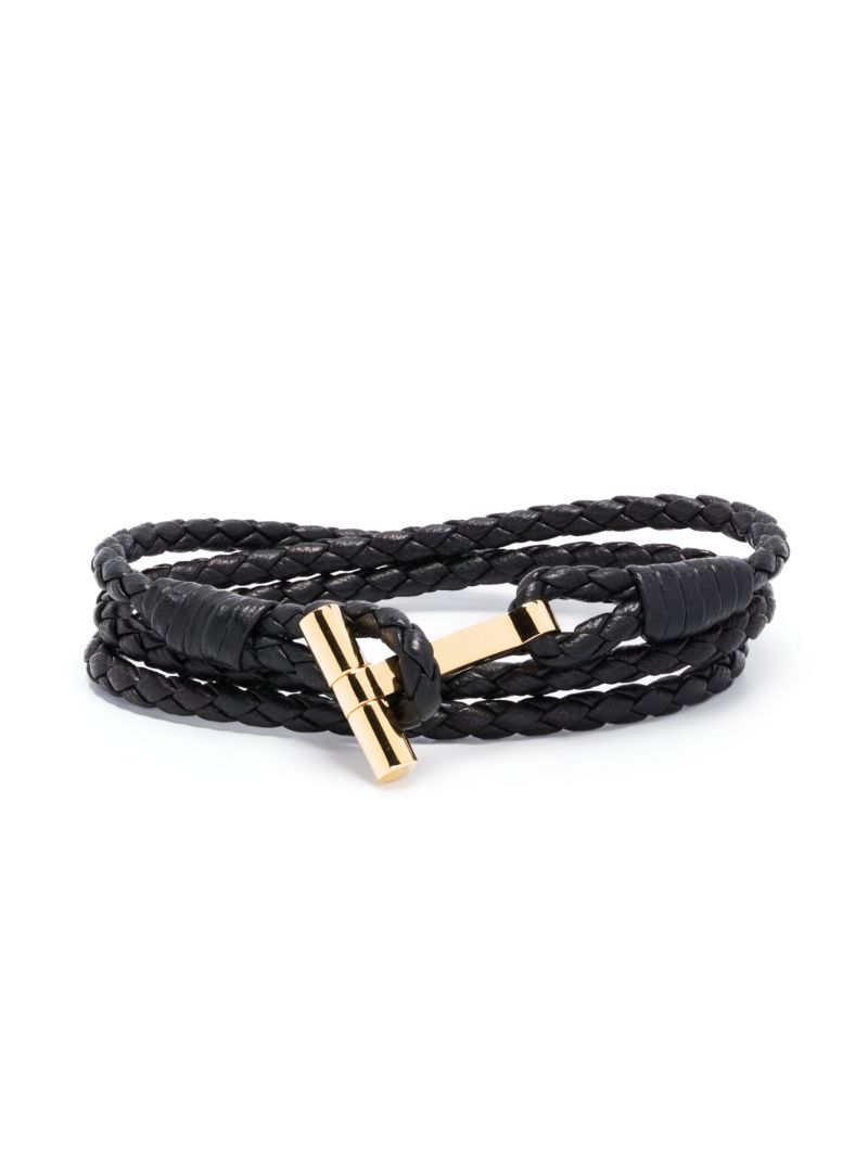 Black T-plaque Braided Leather Bracelet