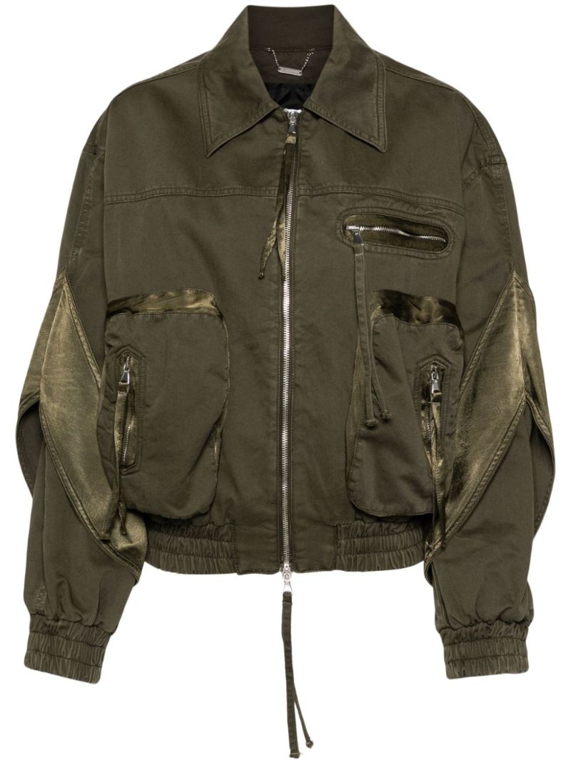 Green Satin-panelled Cotton Bomber Jacket