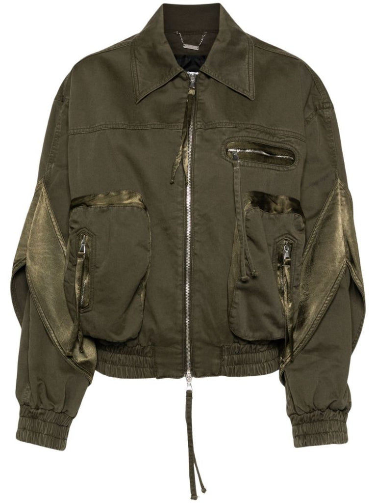 Green Satin-panelled Cotton Bomber Jacket