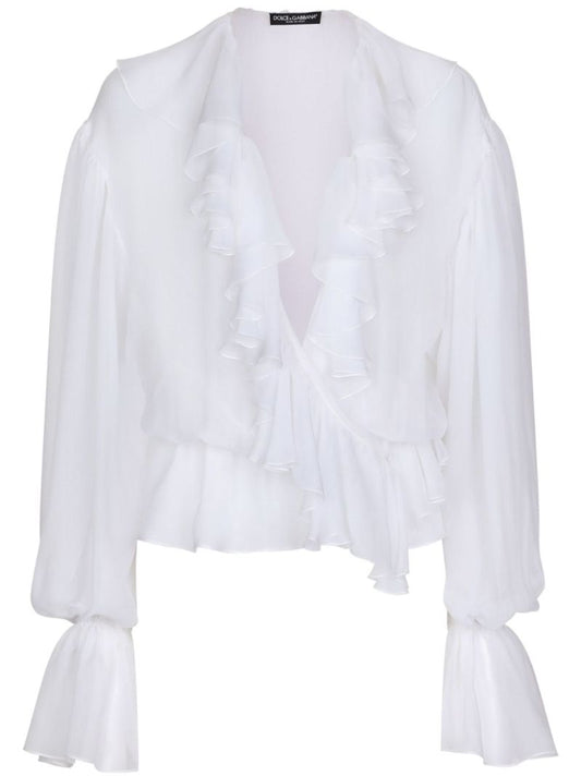 White Ruffled Silk Blouse