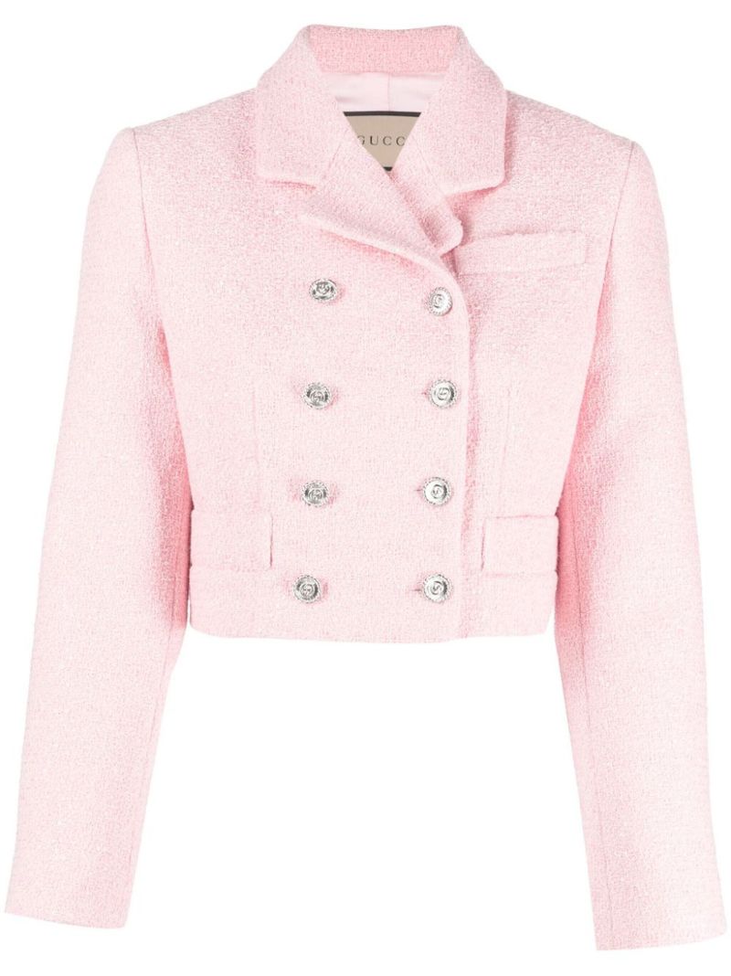 Pink Cropped Sequinned Tweed Blazer