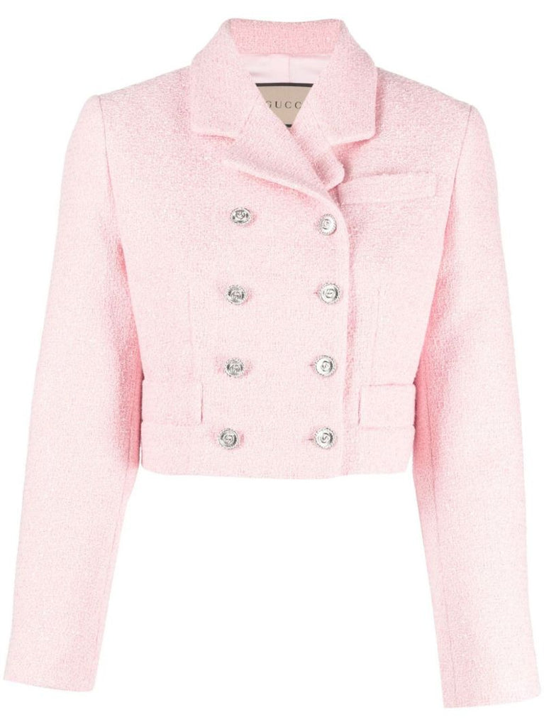 Pink Cropped Sequinned Tweed Blazer