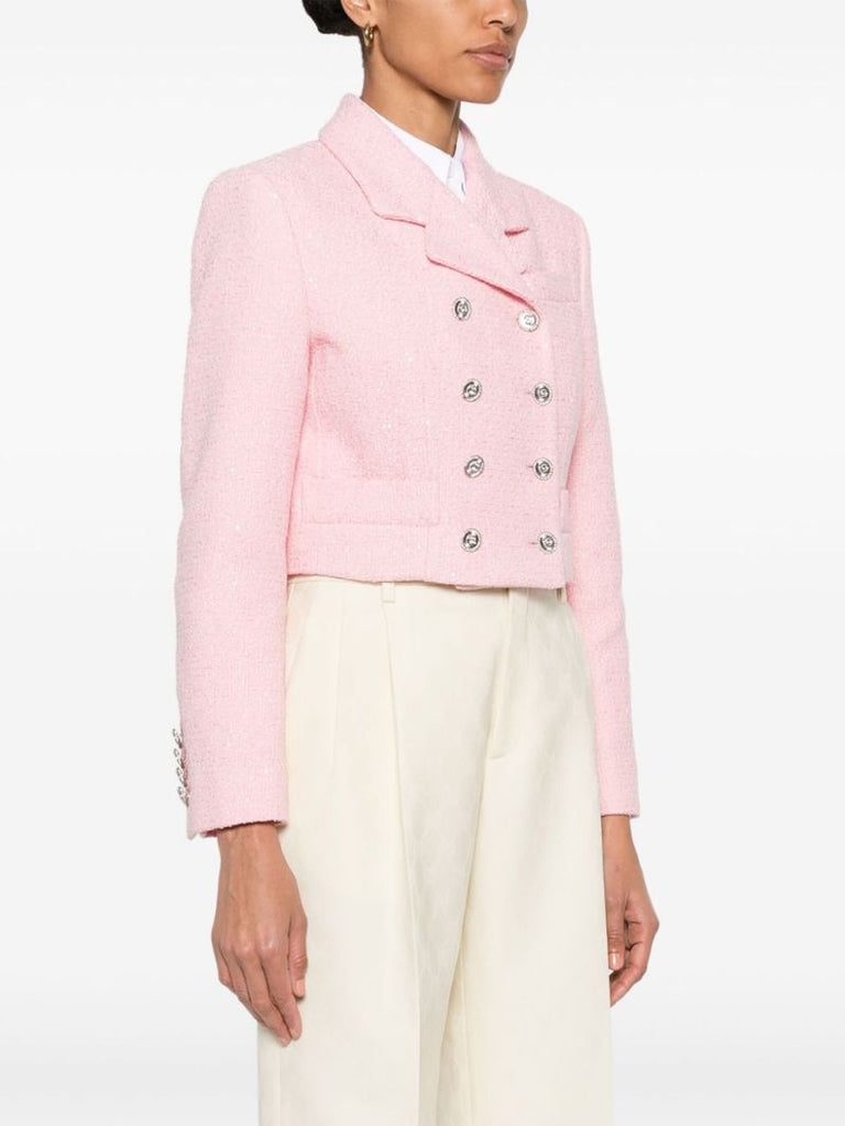 Pink Cropped Sequinned Tweed Blazer