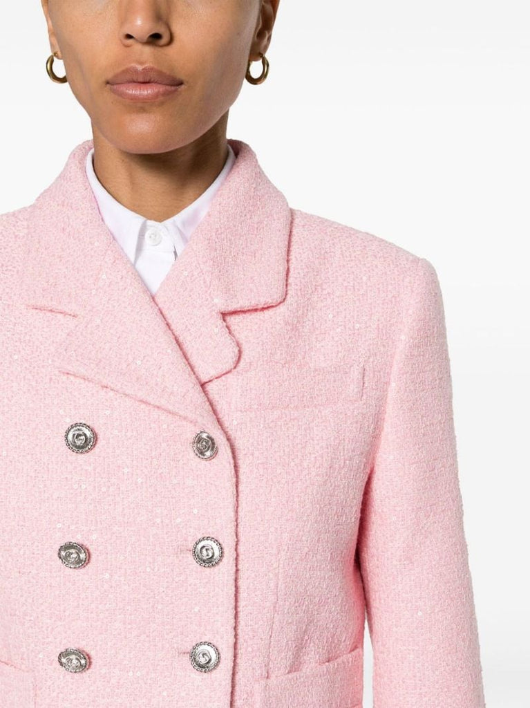 Pink Cropped Sequinned Tweed Blazer