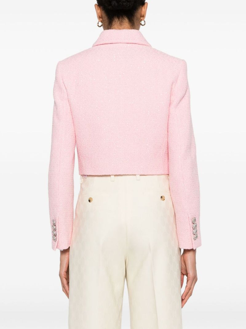 Pink Cropped Sequinned Tweed Blazer