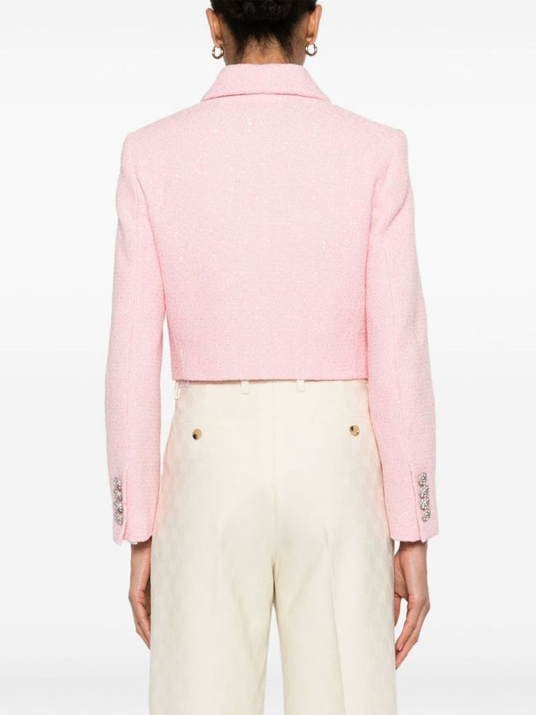 Pink Cropped Sequinned Tweed Blazer