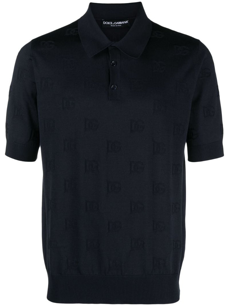 Blue Logo-jacquard Silk Polo Shirt