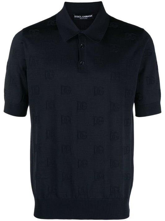 Blue Logo-jacquard Silk Polo Shirt