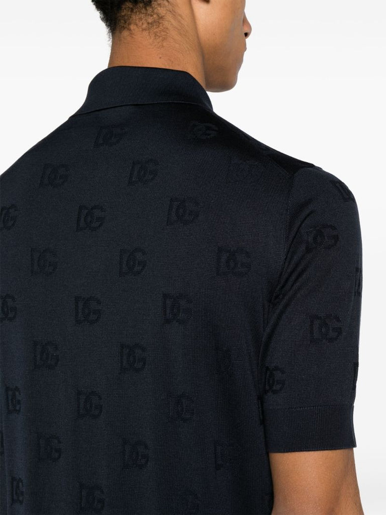 Blue Logo-jacquard Silk Polo Shirt