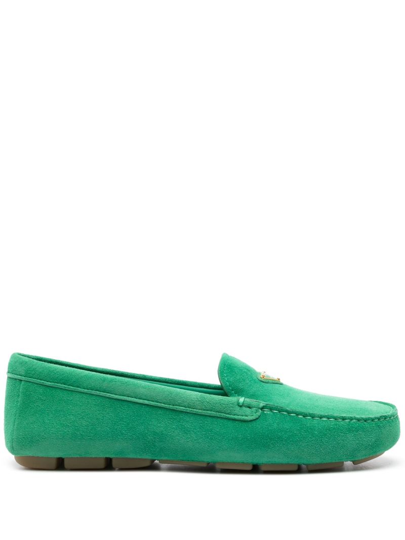 Green Enamel Triangle-logo Suede Loafers