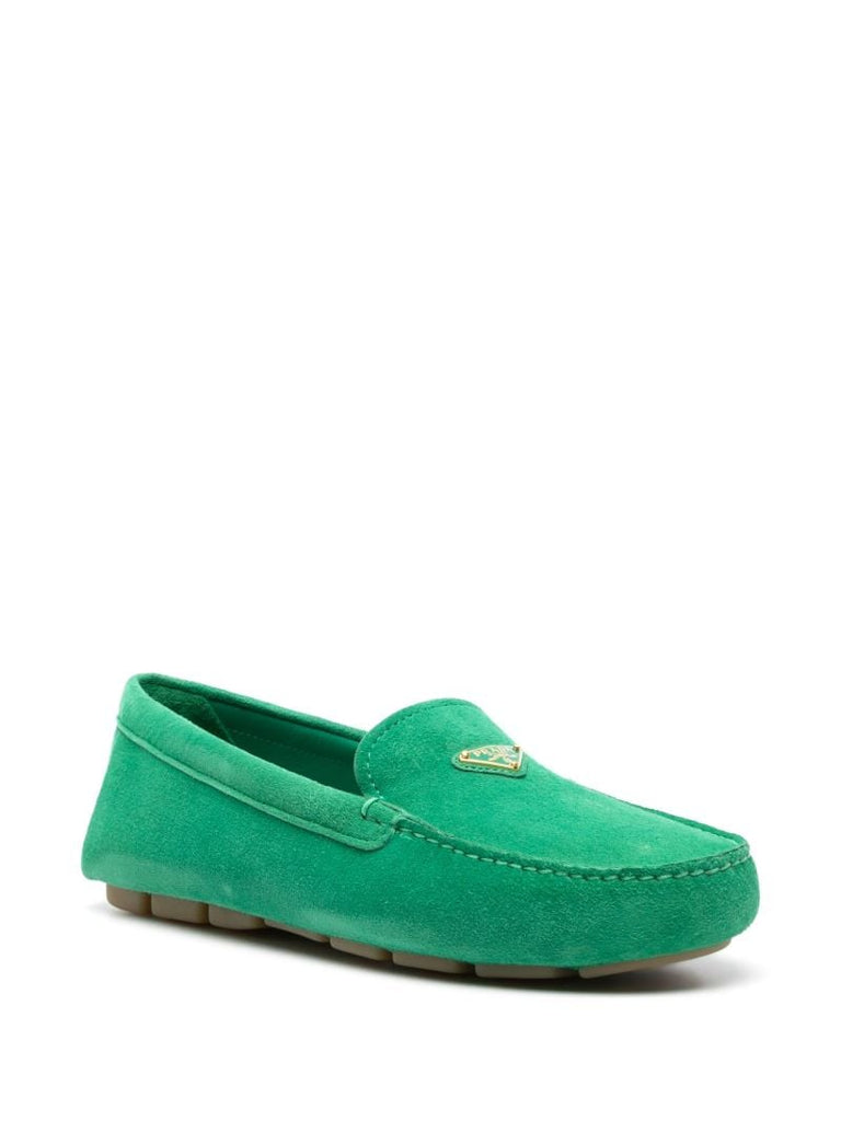 Green Enamel Triangle-logo Suede Loafers