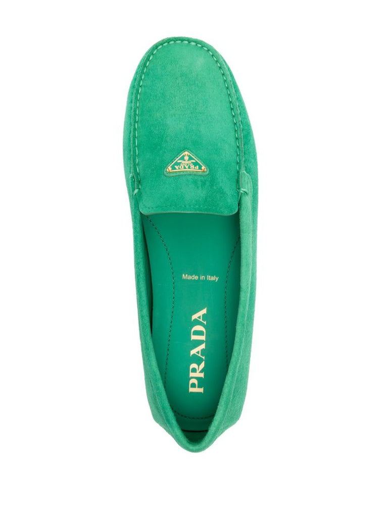 Green Enamel Triangle-logo Suede Loafers