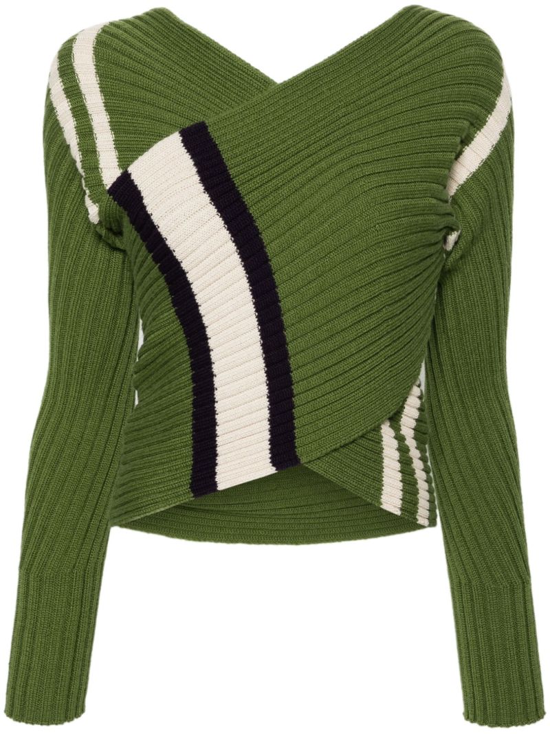 Green Ribbed-knit Wrap Sweater