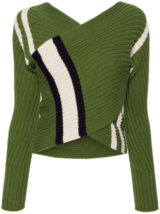 Green Ribbed-knit Wrap Sweater