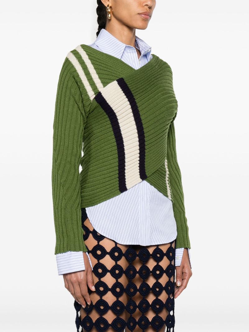 Green Ribbed-knit Wrap Sweater