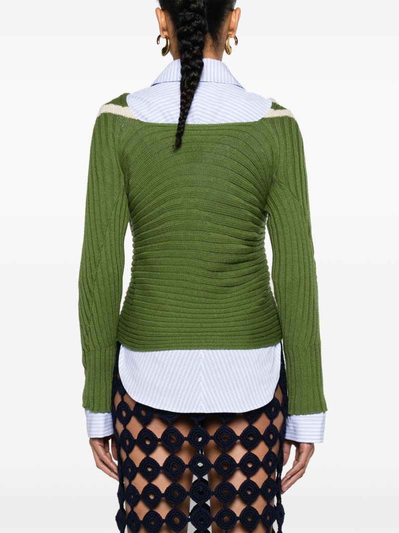 Green Ribbed-knit Wrap Sweater