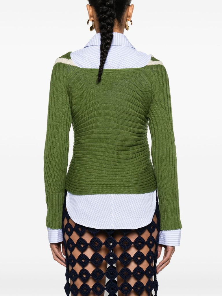 Green Ribbed-knit Wrap Sweater