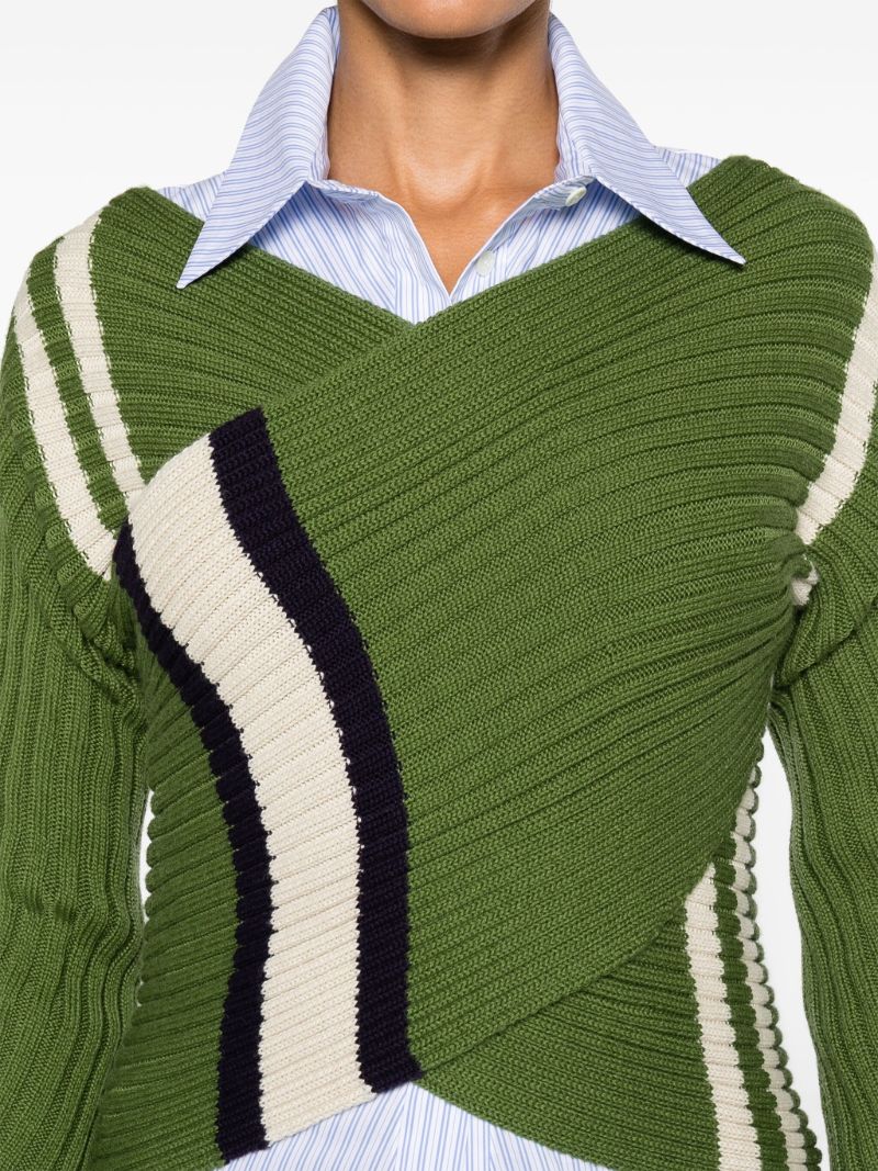 Green Ribbed-knit Wrap Sweater
