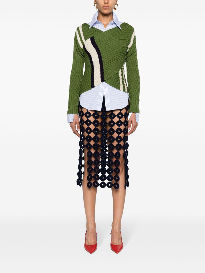Green Ribbed-knit Wrap Sweater