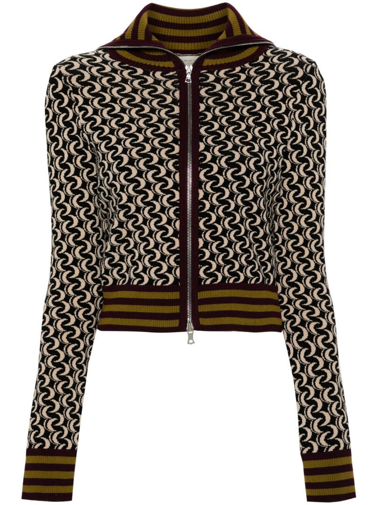 Brown Jacquard Zip-up Knitted Jacket