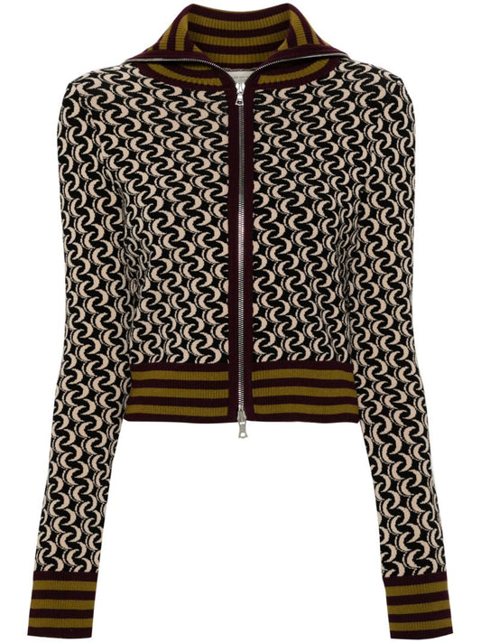 Brown Jacquard Zip-up Knitted Jacket